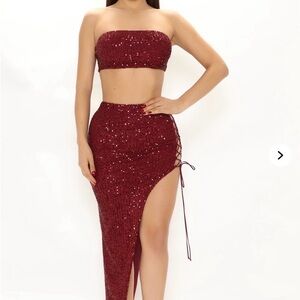 Elegant Burgundy Sequin Skirt & Top Set